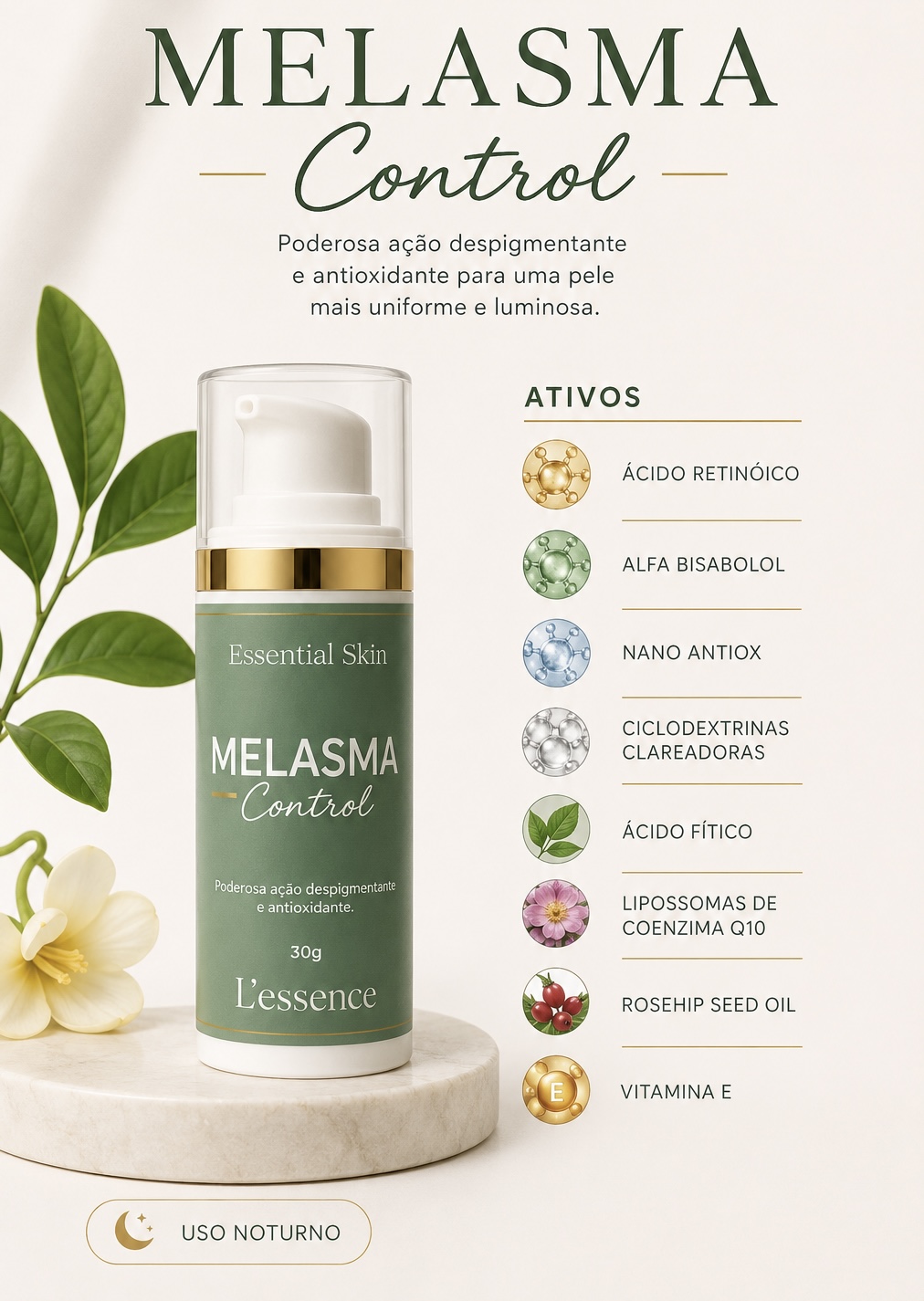 Apresentação do Melasma Control L’essence, com embalagem, ativos e informações de uso